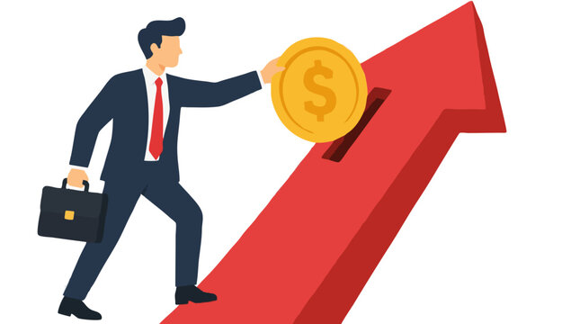 A businessman standing on a rising red arrow inserts a giant golden dollar coin into a slot to illustrate financial investment and compound capital returns in this clean vector drawing