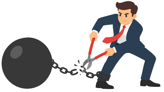 A determined young corporate employee uses heavy red bolt cutters to snap the iron link chain anchoring his leg to a massive black iron ball in this financial debt freedom flat vector art