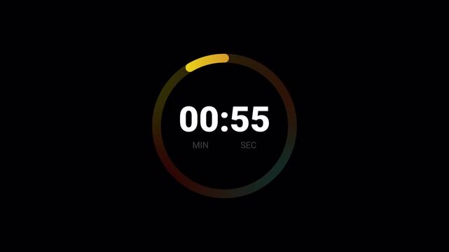 one minute countdown animation, one minute countdown timer video from 60 to 0 second on transparent background,1 minute timer counts hours minutes seconds in 60 seconds in 4k with alpha channel