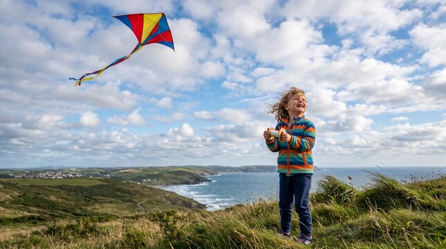 Joyful child flying a colorful kite on a grassy cliff overlooking the ocean on a cloudy day