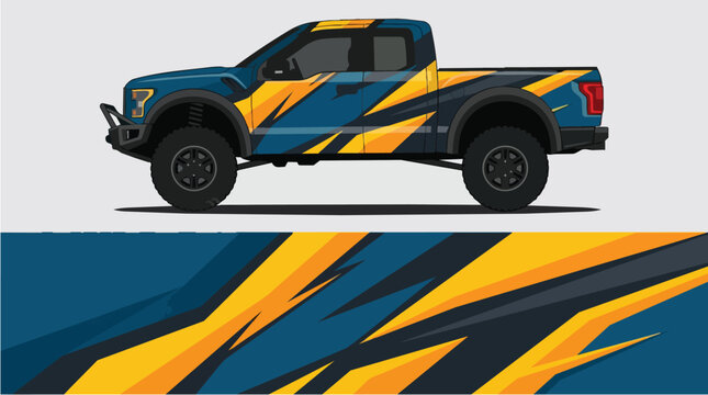 Car Wrap Design with Dynamic Zigzag Decal in Blue and Yellow