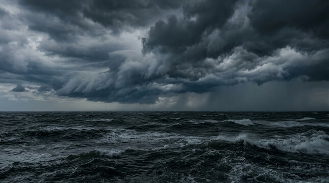 Dark clouds loom over churning ocean waves. Storm brews with heavy, ominous skies. Rough seas surge beneath threatening weather. Dramatic scene evokes tension, power, and nature's force
