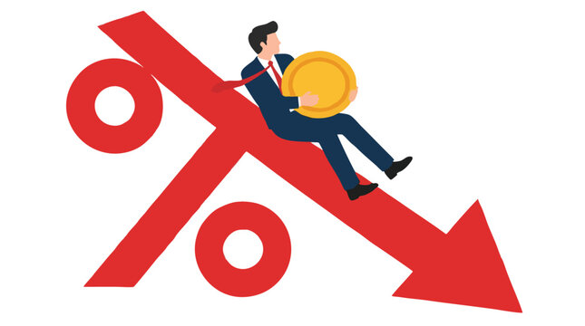 A concerned businessman clutching a golden coin while sliding downwards along a declining red arrow shaped like an oversized percentage symbol in clear and simple modern flat vector style