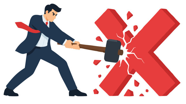 Determined businessman in a dark navy blue suit swinging a heavy black sledgehammer to smash a large red cross mark symbol, isolated cartoon vector illustration on a clean white background