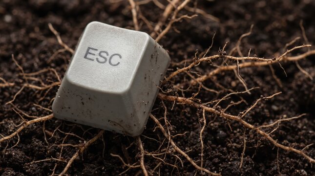 Digital burnout concept with an escape keyboard key growing roots from soil, symbolizing technology dependence, work stress, and need for freedom