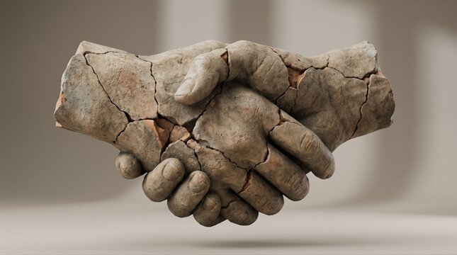 Fractured agreement concept with a crumbling handshake sculpture, representing contract disputes, broken trust, and partnership risk