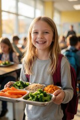 Fototapeta premium Smiling young girl holds metal tray with healthy school lunch in cafeteria. Happy student carries meal with broccoli, carrots, grains, corn. Elementary child enjoys nutritious food at school canteen.