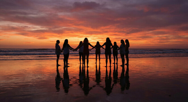 Group of women holding hands in a circle on the beach at sunset