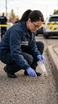 Female forensic investigator collecting evidence at crime scene with police car and caution tape in background