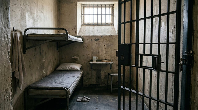 Empty prison cell with barred window metal bed sink and open cell door Stark grim jail interior