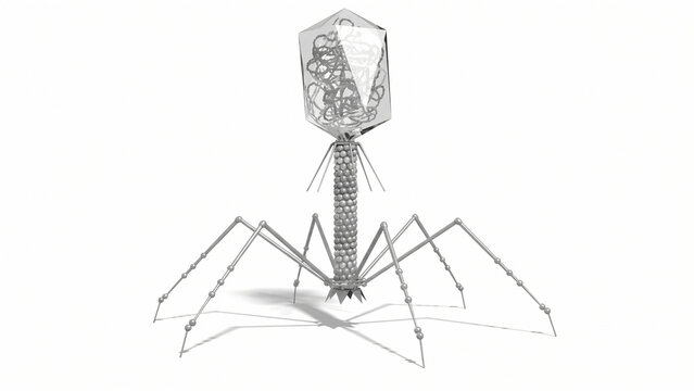Bacteriophage virus wireframe model features an icosahedral head and thin tail fibers in clean monochrome.