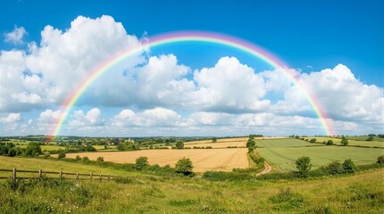 Fototapeta premium Vibrant rainbow arches above rolling green fields. White clouds drift across a brilliant blue sky. Golden harvest fields stretch into the distant horizon