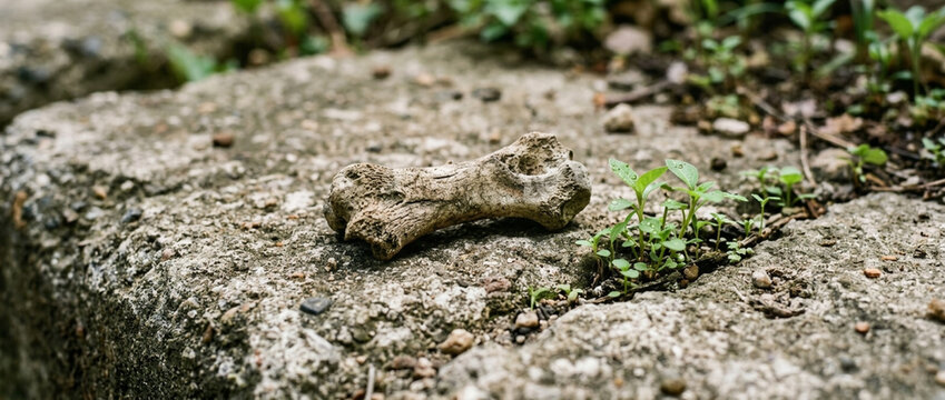 Dogs Bone on Cracked Concrete with Small Green Sprouts Close up Macro Shot