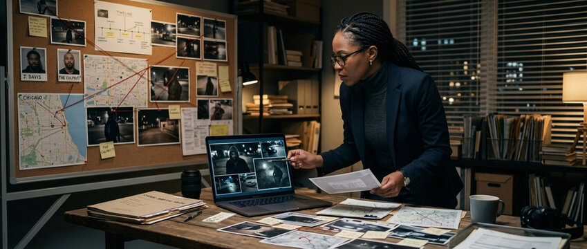 Detective Woman Investigating Case Board with Photos Map and Laptop Screen Showing Surveillance Footage
