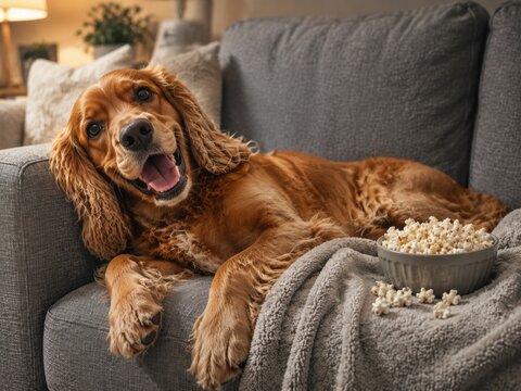 Golden cocker spaniel dog relaxing on sofa with popcorn