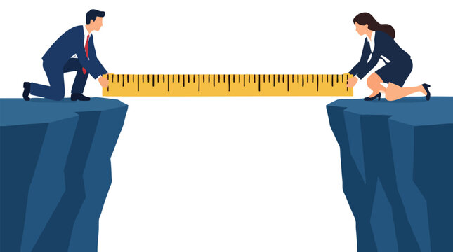 Two business people on opposite cliffs measuring the gap with a giant yellow ruler, teamwork, distance measurement, gap analysis and successful collaboration concept, bold flat vector illustration