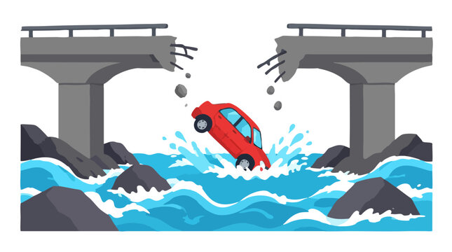 Red car plunging off a collapsed broken bridge into a rushing blue river below with splashing water and rocks in bold flat vector illustration style on white background dramatic accident scene