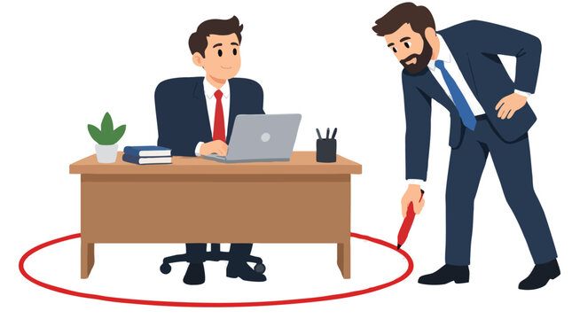 Business manager drawing red boundary circle around employee sitting at office desk with laptop, concept of micromanagement, control, workplace limits and isolation in flat vector style
