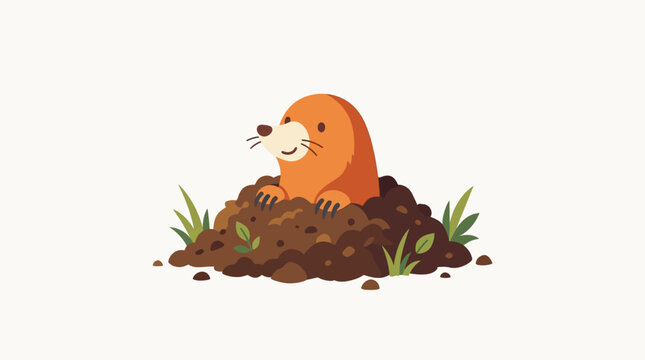 Cute Cartoon Mole Popping Out of Dirt Mound with Green Grass on White Background ideal for children's educational materials and garden-themed graphic design.