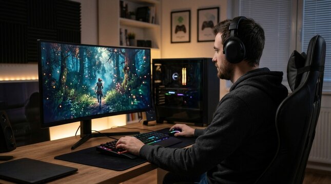Gamer immersed in fantasy world on large monitor. Dark room lit by soft ambient glow. High-end gaming setup with keyboard and mouse. Focused player wears headphones, leans forward