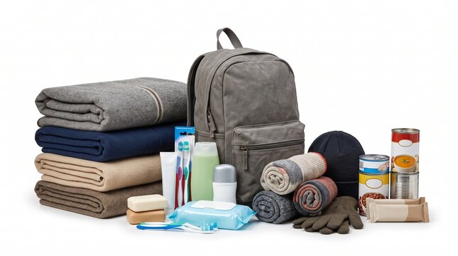 Donation items for homeless shelters with warm blankets and hygiene supplies on white background
