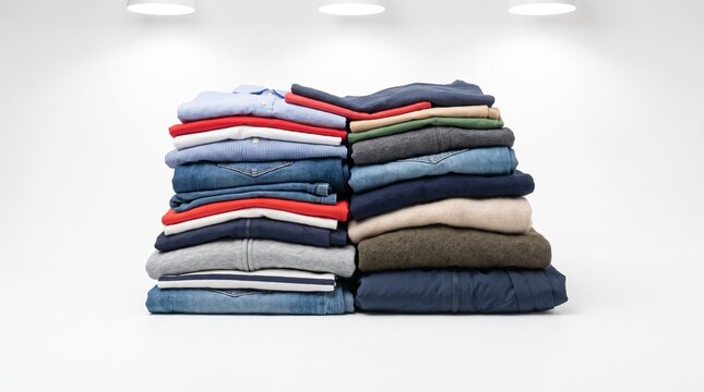 Stacked clothing donation pile in a minimalist indoor setting
