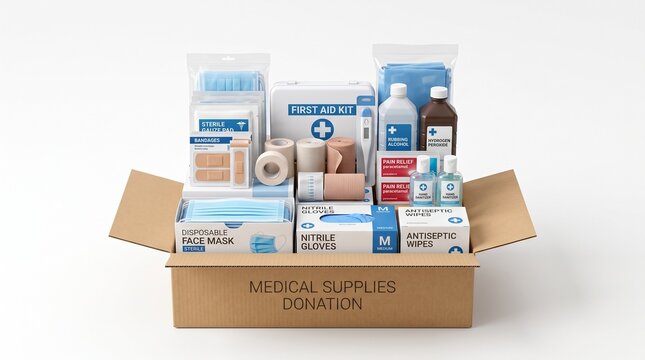 Medical supplies donation box with first aid kit and personal protective equipment
