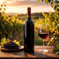 Naklejka premium Red wine bottle, full glass stand on wooden table in vineyard. Fresh grapes on plate near drink during sunset. Beautiful winery landscape with vines, golden light background for luxury beverage brand