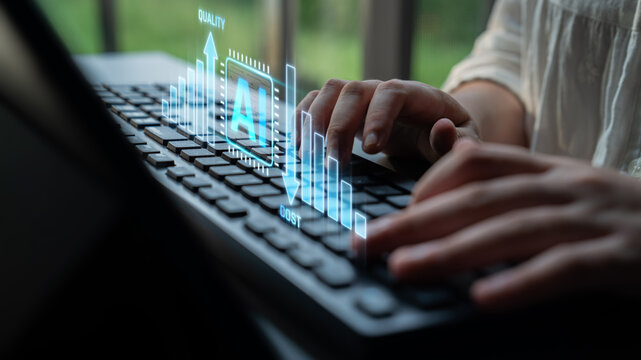 Hands Typing on Keyboard with Digital Graphs Representing Quality and Cost in an Office Environment Sigmoid