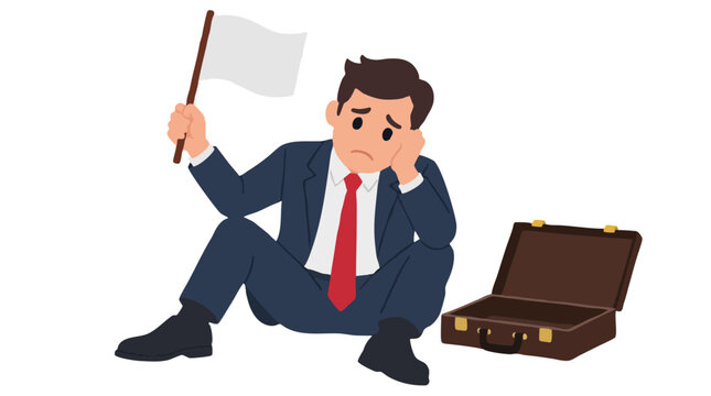 Sad defeated businessman in navy suit sitting on the ground waving white surrender flag with empty open briefcase beside him symbolizing business failure bankruptcy and giving up concept