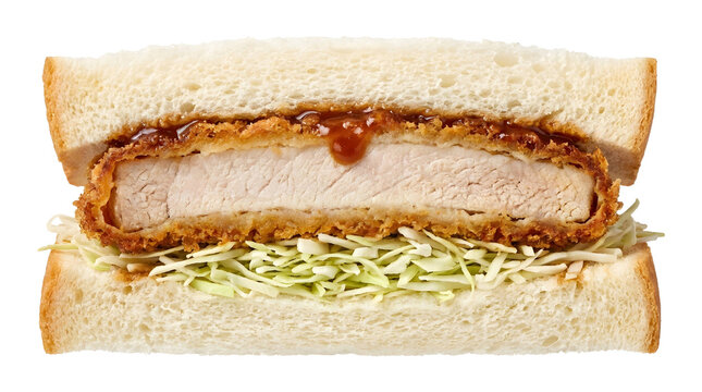 Japanese katsu sando sandwich filled with thick fried cutlet shredded cabbage and savory sauce between white bread isolated on transparent background. 