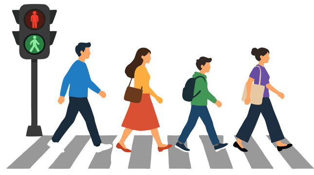 Flat vector illustration of four diverse pedestrians crossing a zebra crosswalk beside a pedestrian traffic light showing red and green walk signals, urban safety concept, city street scene