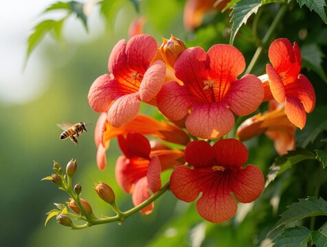 Macro shot of bright orange trumpet vine flowers in garden. Honey bee flies near red blossoms in summer sunlight. Beautiful Campsis radicans plant with green leaves grows in nature. Pollination