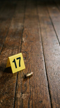 Crime scene marker 17 and bullet casing on rustic wooden floor forensic evidence investigation mystery
