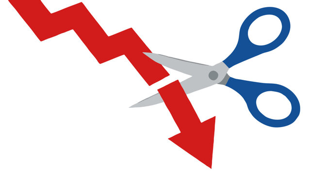 Giant scissors cutting red downward arrow stopping market crash on white background symbolizing intervention to halt financial loss, decline and crisis with cost cutting strategy concept