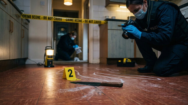 Crime Scene Investigation Forensics team documents evidence including chalk outline knife and yellow tape in kitchen