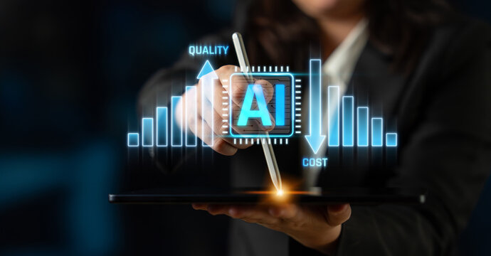 Businessperson Using Tablet to Illustrate Quality and Cost Analysis with Artificial Intelligence Graphics and Data Visualization Elements Sigmoid