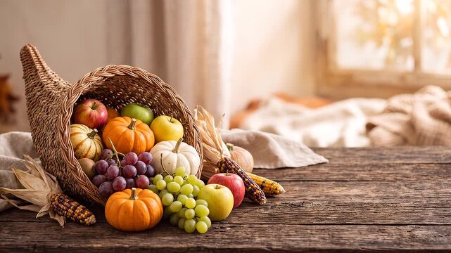 Thanksgiving Cornucopia Spilling Pumpkins and Apples on Wood Table