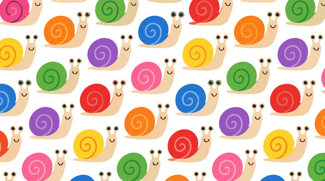Seamless repeating pattern of cute cartoon snails with colorful spiral shells in red orange yellow green blue pink purple on white background, whimsical playful nursery wallpaper textile