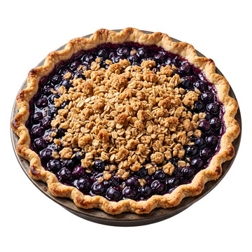 Freshly baked blueberry pie with a crunchy oat crumble topping transparent background