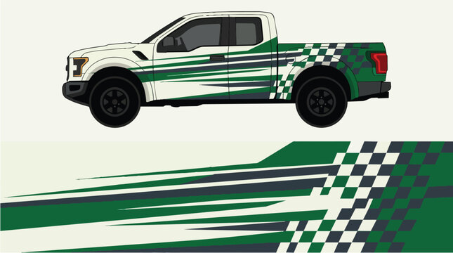 Car Wrap Design with Checkerboard and Stripe Racing Livery in Green White Black