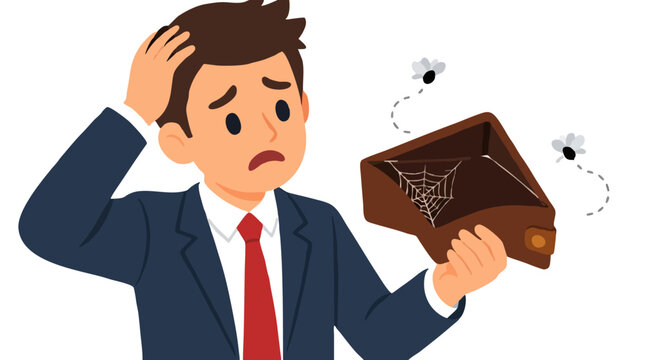 Worried businessman in blue suit holding empty open brown wallet with cobweb inside and flies buzzing around, stressed about money, debt, bankruptcy and financial crisis flat vector illustration