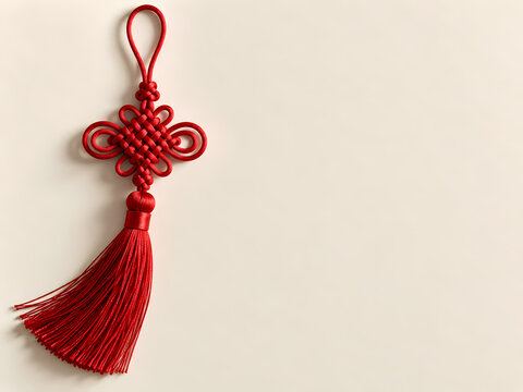 Red Chinese knot with tassel on cream paper with copy space