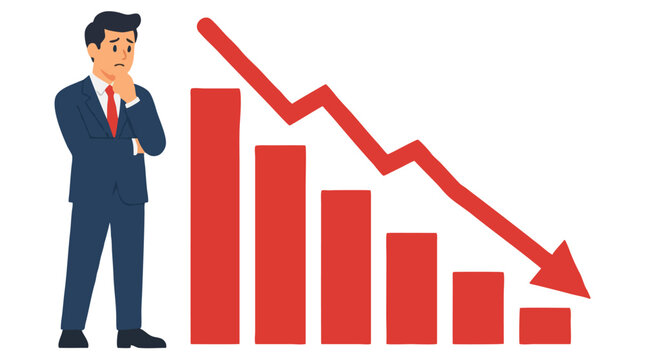 Worried businessman in suit standing beside declining red bar chart with downward trending arrow graph symbolizing financial loss crisis recession and business failure on white background