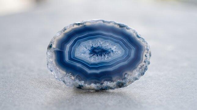 A polished oval geode with concentric blue and white layers on a smooth gray surface, showcasing natural crystalline beauty