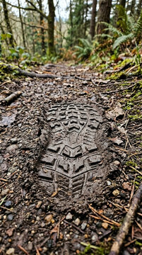 Close up of muddy boot print on a forest trail showing detailed tread pattern in wet earth outdoor adventure