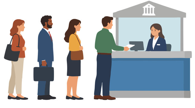 Diverse customers waiting in line at bank teller counter with female cashier helping man, flat vector illustration of banking service, queue, finance transaction concept in modern lobby