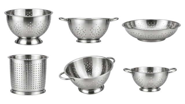 Set of six stainless steel colanders and strainers in various shapes and sizes with perforated designs, handles and pedestal bases for rinsing and draining food