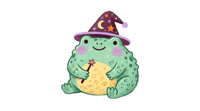 Cute green frog wearing a witch hat and holding a magic wand