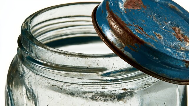 Vintage glass jar showcasing aged blue and brown tones, evoking rustic charm, representing preservation and aged objects